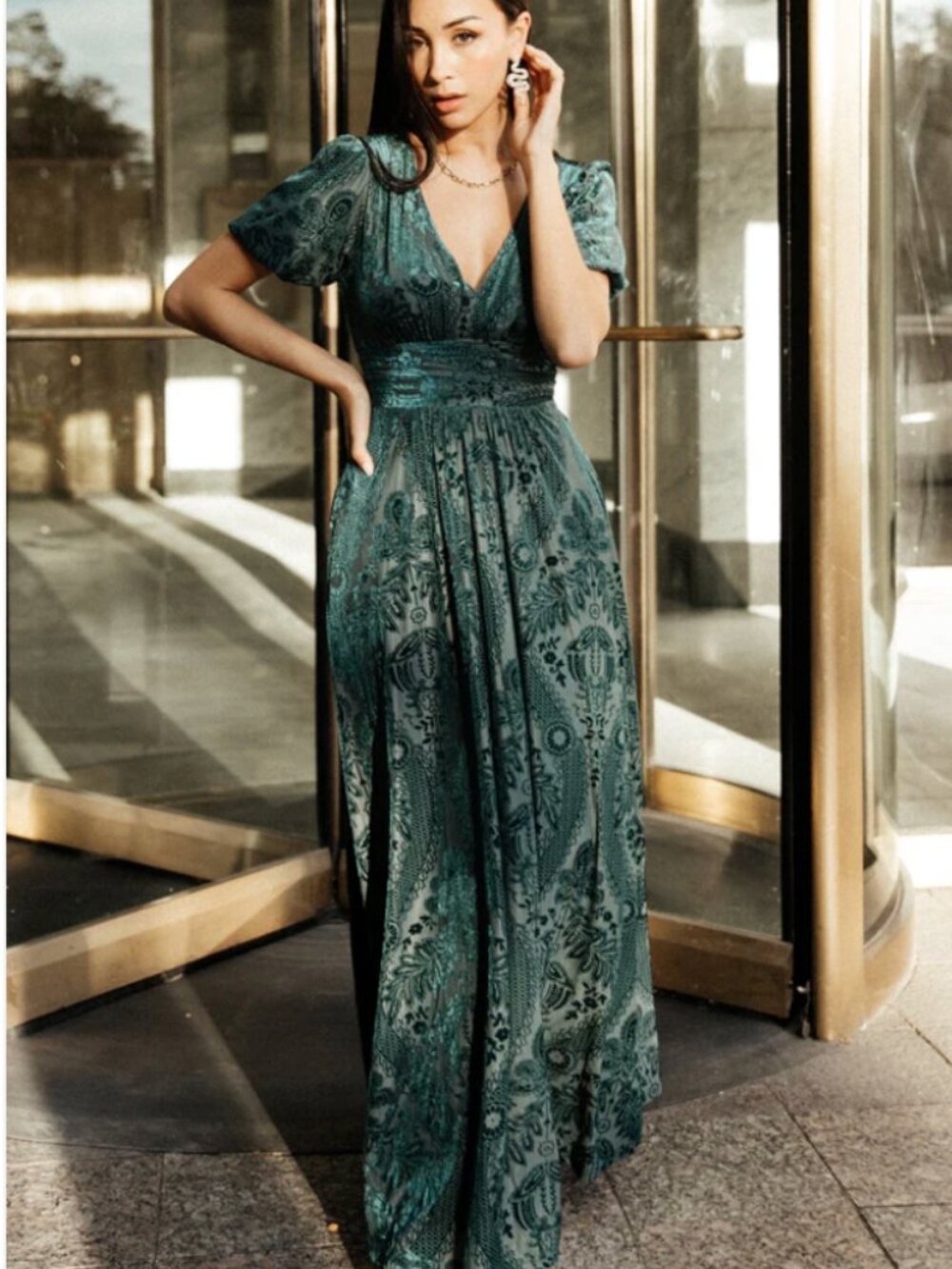 Baltic Born Leslie Embossed Velvet Maxi Emerald Size L Dress Short Sleeve NWT - Picture 10 of 14